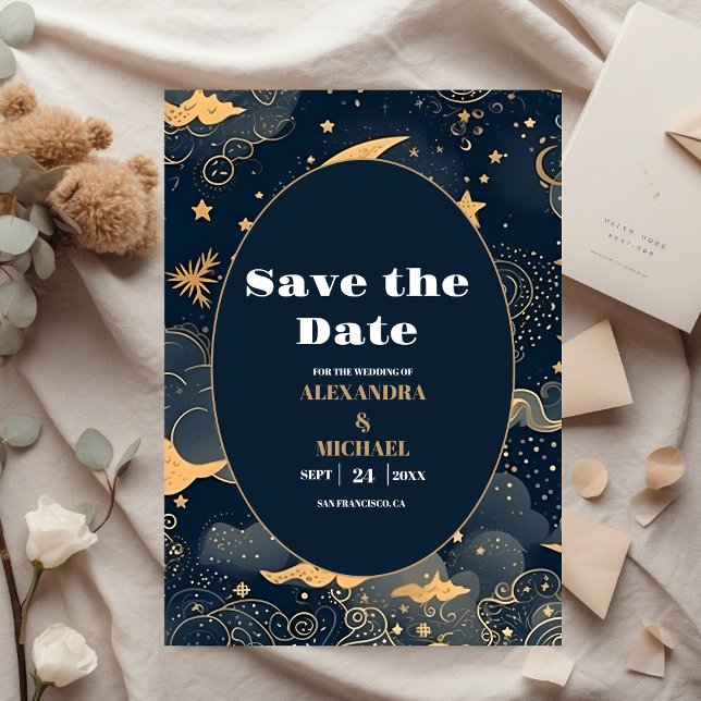 Reserve A Data Casamento Celestial Dourado Azul Meia-Noite (Criador carregado)