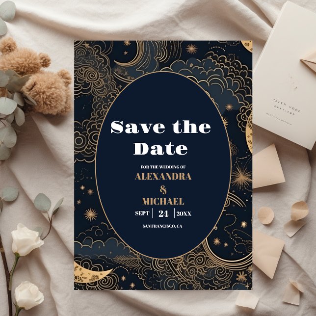 Reserve A Data Casamento Celestial Dourado Azul Meia-Noite (Criador carregado)