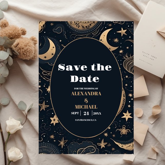 Reserve A Data Casamento Celestial em Azul Meia-Noite Dourado (Criador carregado)