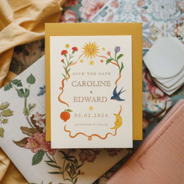 Reserve A Data Casamento Celestial Folk pintado à mão (Criador carregado)