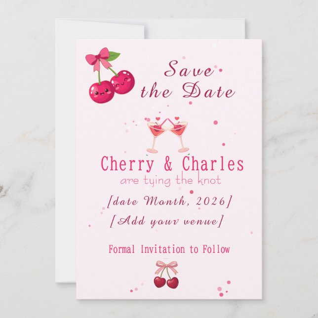 Reserve A Data Casamento Cereja Kawaii Fofa Rosa e Vermelho (Frente)