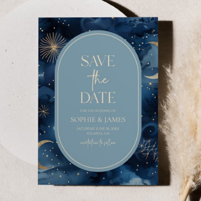 Reserve A Data Casamento Céu Estelar Elegante Dourado Azul (Criador carregado)