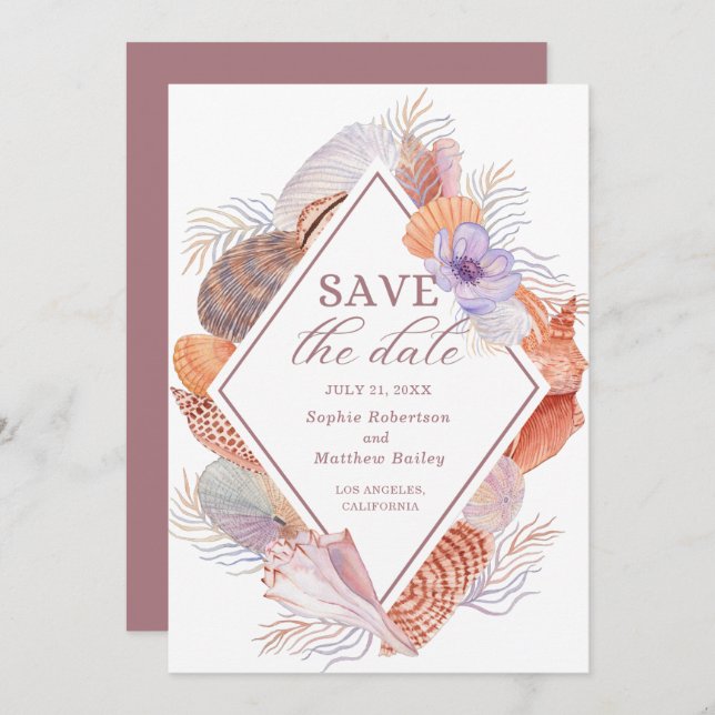 Reserve A Data Casamento Chic Costeiro de Beach Seashells (Frente/Verso)