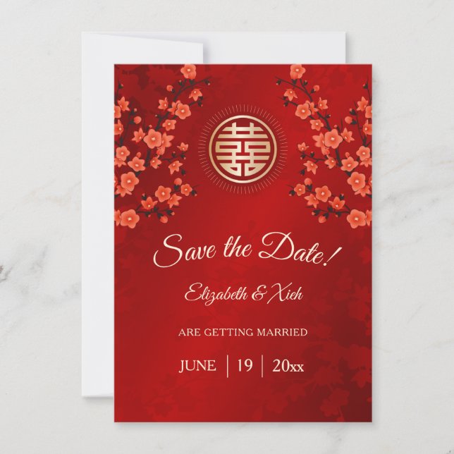 Reserve A Data Casamento Chinês Dupla Felicidade Flor de Cerejeir (Frente)