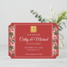 Casamento chinês moderno floral rosa vermelho peôn