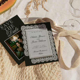 Reserve A Data Casamento Chique com Renda Preta e Branca Vintage