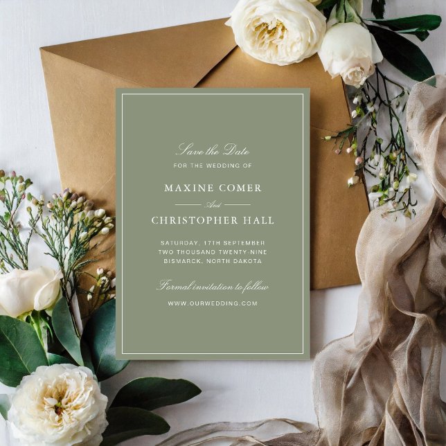 Reserve A Data Casamento Clássico com Letra Dusty Green (Classic dusty green save the dates announce your wedding with timeless elegance and charm.)