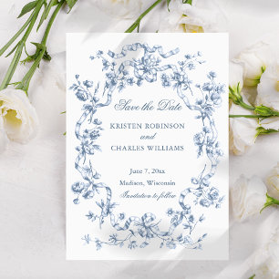 Reserve A Data Casamento Clássico Francês com Flores Azuis e Fita