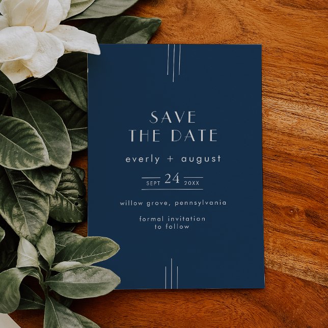 Reserve A Data Casamento Clássico Moderno Art Déco Azul Marinho E (EVERLY Classic Modern Art Deco Navy Blue Wedding Save The Date)