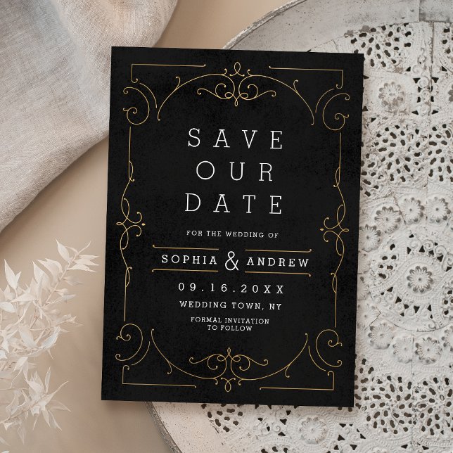 Reserve A Data Casamento clássico moderno elegante preto e dourad (Black & Gold Elegant modern classic wedding Save The Date)