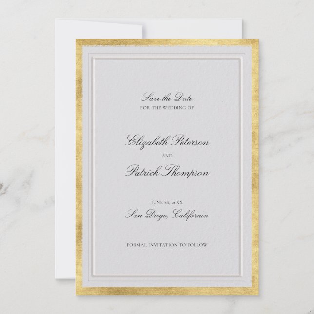 Reserve A Data Casamento Clássico Moderno Formal Dourado Marfim (Frente)