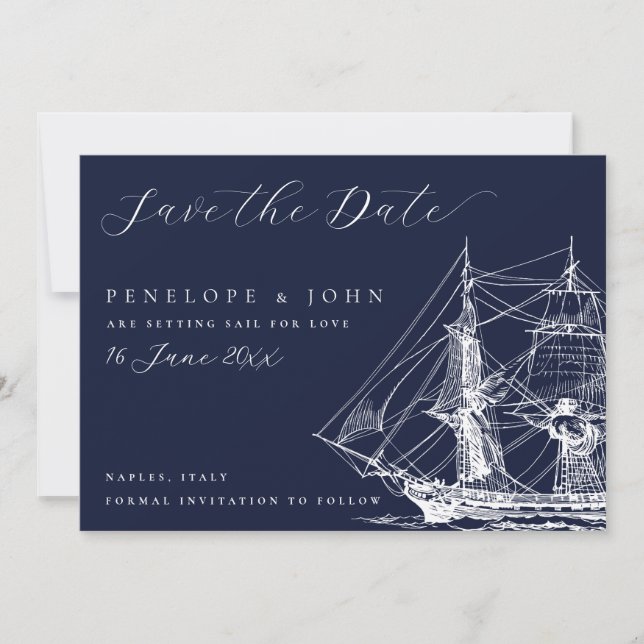Reserve A Data Casamento Clássico Navio Náutico Azul Marinho (Frente)