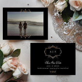 Reserve A Data casamento clássico preto com foto dourado monogram