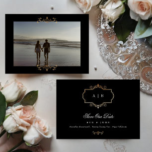 Reserve A Data casamento clássico preto com foto dourado monogram