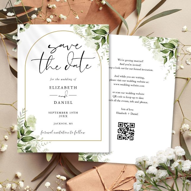 Reserve A Data Casamento Código QR Arco Dourado de Verdura Rústic (Rustic Greenery Gold Arch QR Code Wedding Save The Date)