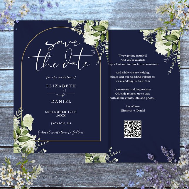 Reserve A Data Casamento Código QR Arco Dourado Verde Azul-Navy (Navy Blue Greenery Gold Arch QR Code Wedding Save The Date)