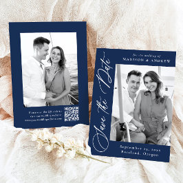 Reserve A Data Casamento Código QR de Foto 2 Navy Caligrafia Eleg