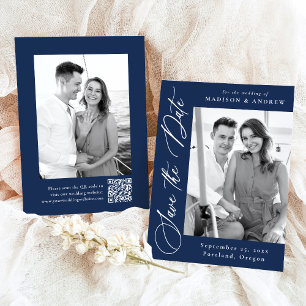 Reserve A Data Casamento Código QR de Foto 2 Navy Caligrafia Eleg