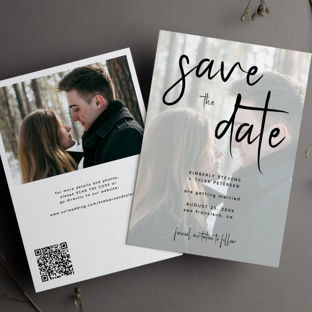 Reserve A Data Casamento código QR de foto simples script moderno (Criador carregado)