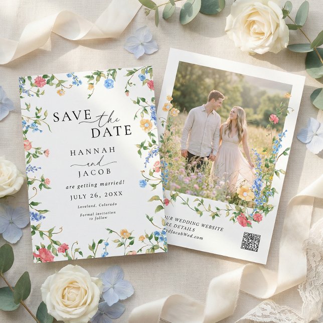 Reserve A Data Casamento Código QR Flor Silvestre Elegante (Criador carregado)