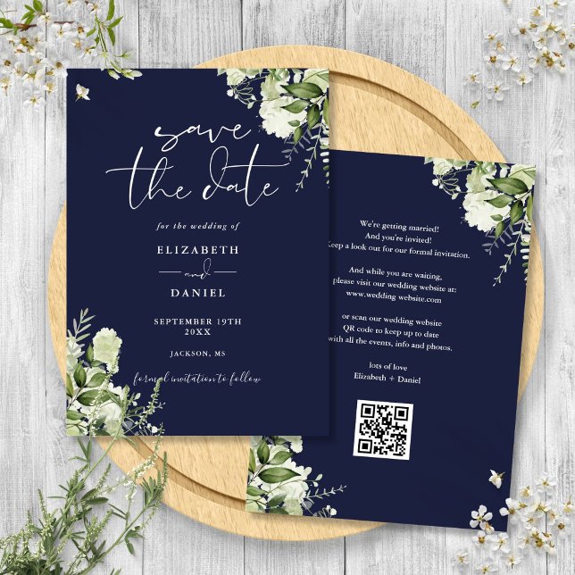 Reserve A Data Casamento Código QR Floral Verde Azul Marinho (Navy Blue Greenery Floral QR Code Wedding Save The Date)