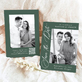 Reserve A Data Casamento Código QR Foto Verde Caligrafia Elegante