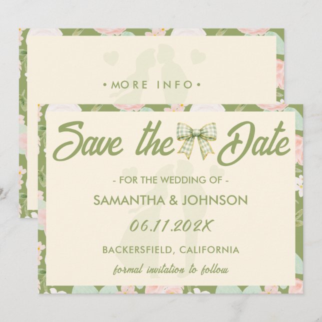 Reserve A Data Casamento Código QR Laço Xadrez Verde Flor Silvest (Frente/Verso)