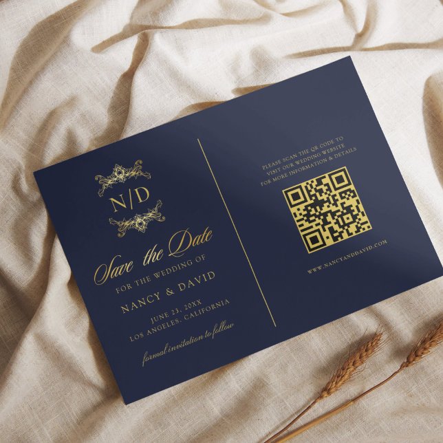 Reserve A Data Casamento Código Qr Monograma Azul Marinho e Doura (Criador carregado)