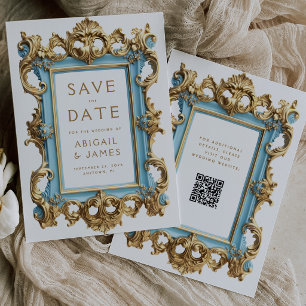 Reserve A Data Casamento Código QR Rococó Dourado Azul Vintage