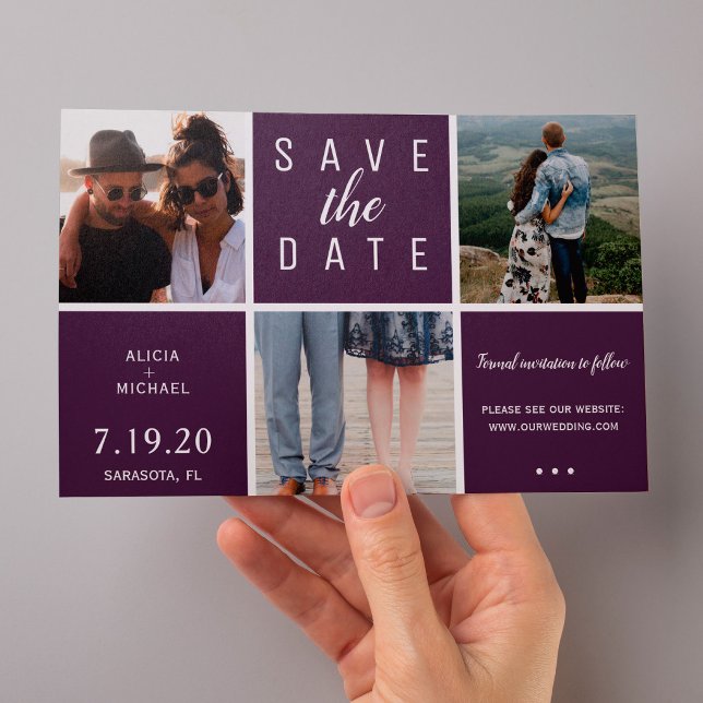 Reserve A Data Casamento colagem de 3 fotos simples roxo moderno (Criador carregado)