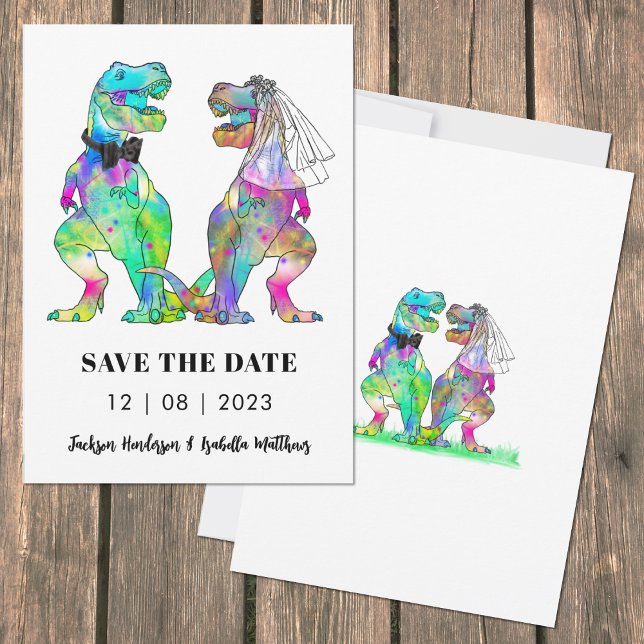 Reserve A Data Casamento Colorido de Dinossauros (Funny colorful T-Rex bride & groom dinosaur wedding invitation artwork by artist Catherine Sweetman )