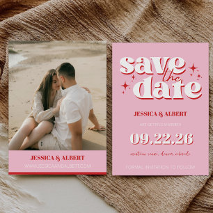 Reserve A Data Casamento Colorido Rosa e Vermelho Retro Groovy do