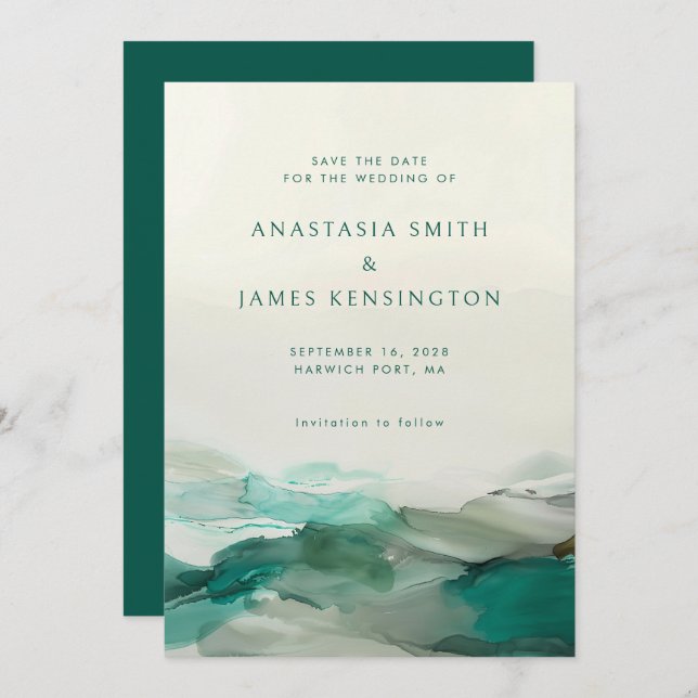 Reserve A Data Casamento com Abstrato Verde de Tinta Álcool Moder (Frente/Verso)