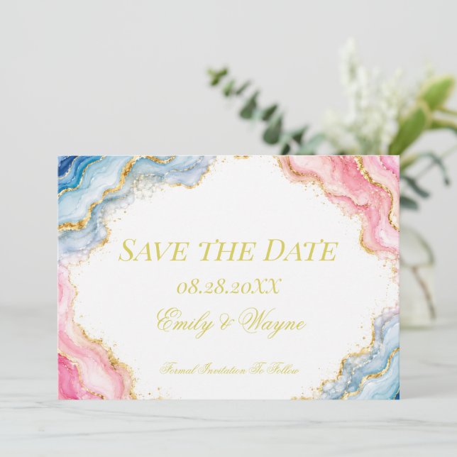Reserve A Data Casamento com Ágata Rosa Azul Dourada (Em pé/Frente)