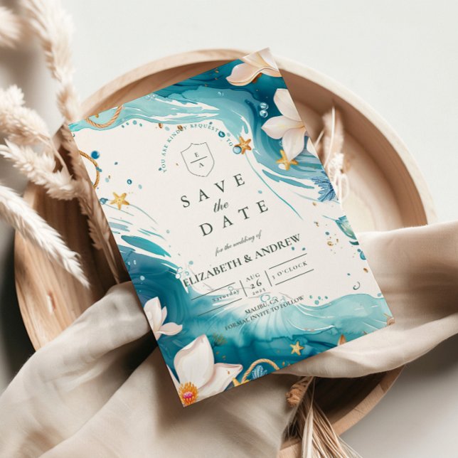 Reserve A Data Casamento com Aquarela de Conchas Marinhas Costeir (Criador carregado)
