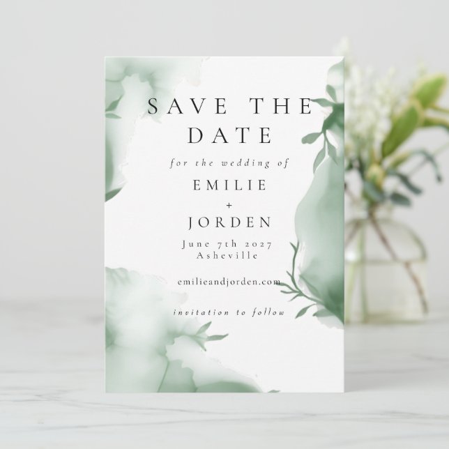 Reserve A Data Casamento com Aquarela de Vegetação de Eucalipto E (Em pé/Frente)