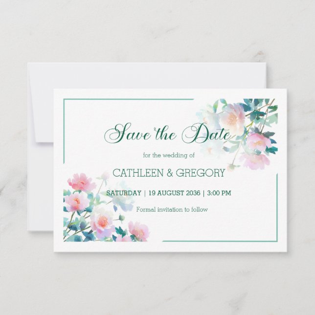 Reserve A Data Casamento com Aquarela Elegante Rosa e Verde (Frente)