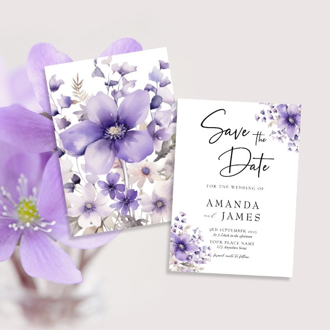 Reserve A Data Casamento com Aquarela Floral Roxa (Criador carregado)