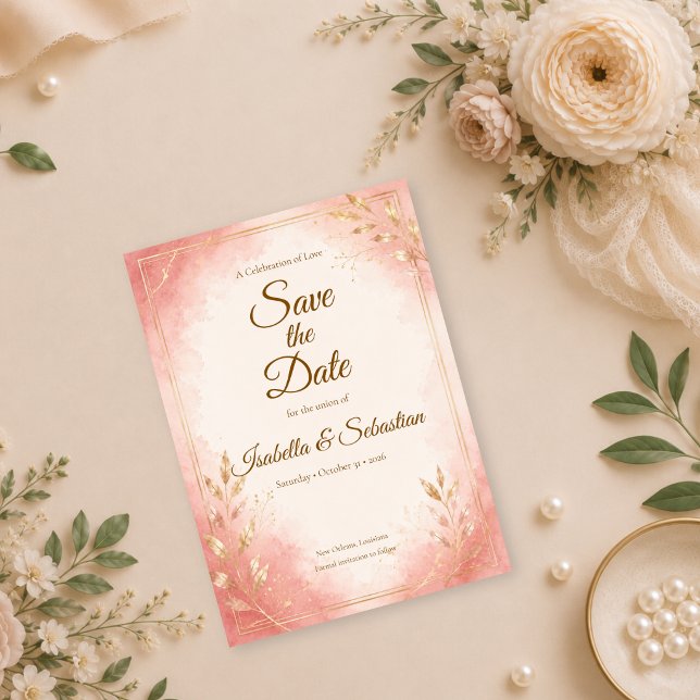 Reserve A Data Casamento com Aquarela Rosa Elegante (Criador carregado)