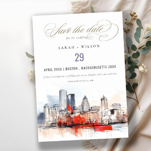 Reserve A Data Casamento com Aquarelas da Cidade de Boston Massac