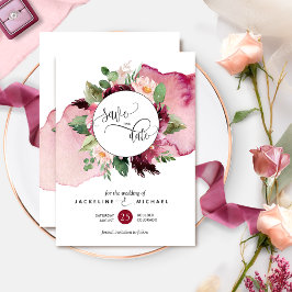 Reserve A Data Casamento com Aquarelas e Borgonhas e Blush Floral