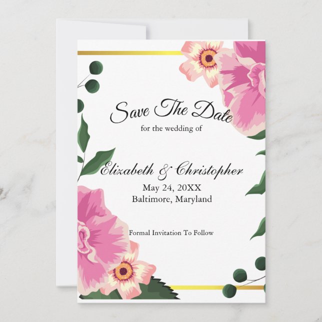 Reserve A Data Casamento com Borda Dourada Floral Rosa Verde (Frente)