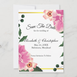 Reserve A Data Casamento com Borda Dourada Floral Rosa Verde