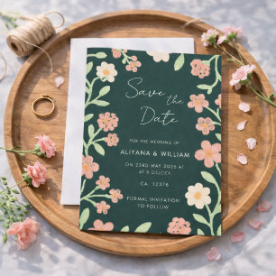 Reserve A Data Casamento com Bordadura Floral Verde Elegante e Ca