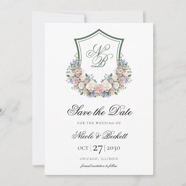 Reserve A Data Casamento com Brasão Floral Azul Empoeirado (Frente)