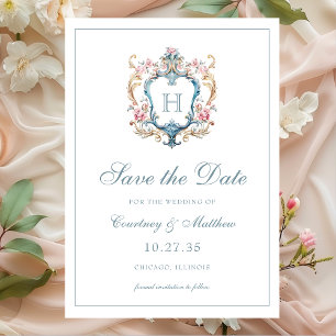 Reserve A Data Casamento com Brasão Floral Monogramado Vintage
