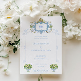 Reserve A Data Casamento com Brasão Monograma Azul Rococó