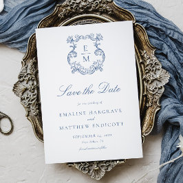 Reserve A Data Casamento com Brasão Monograma Barroco Vintage Azu
