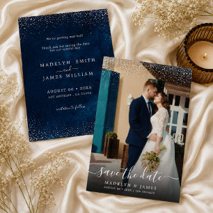 Reserve A Data Casamento com Brilho Prata Azul Marinho Foto