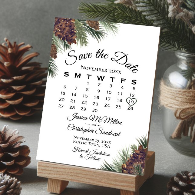 Reserve A Data Casamento com Calendário Verde Rustic Pinecones Wi (Criador carregado)